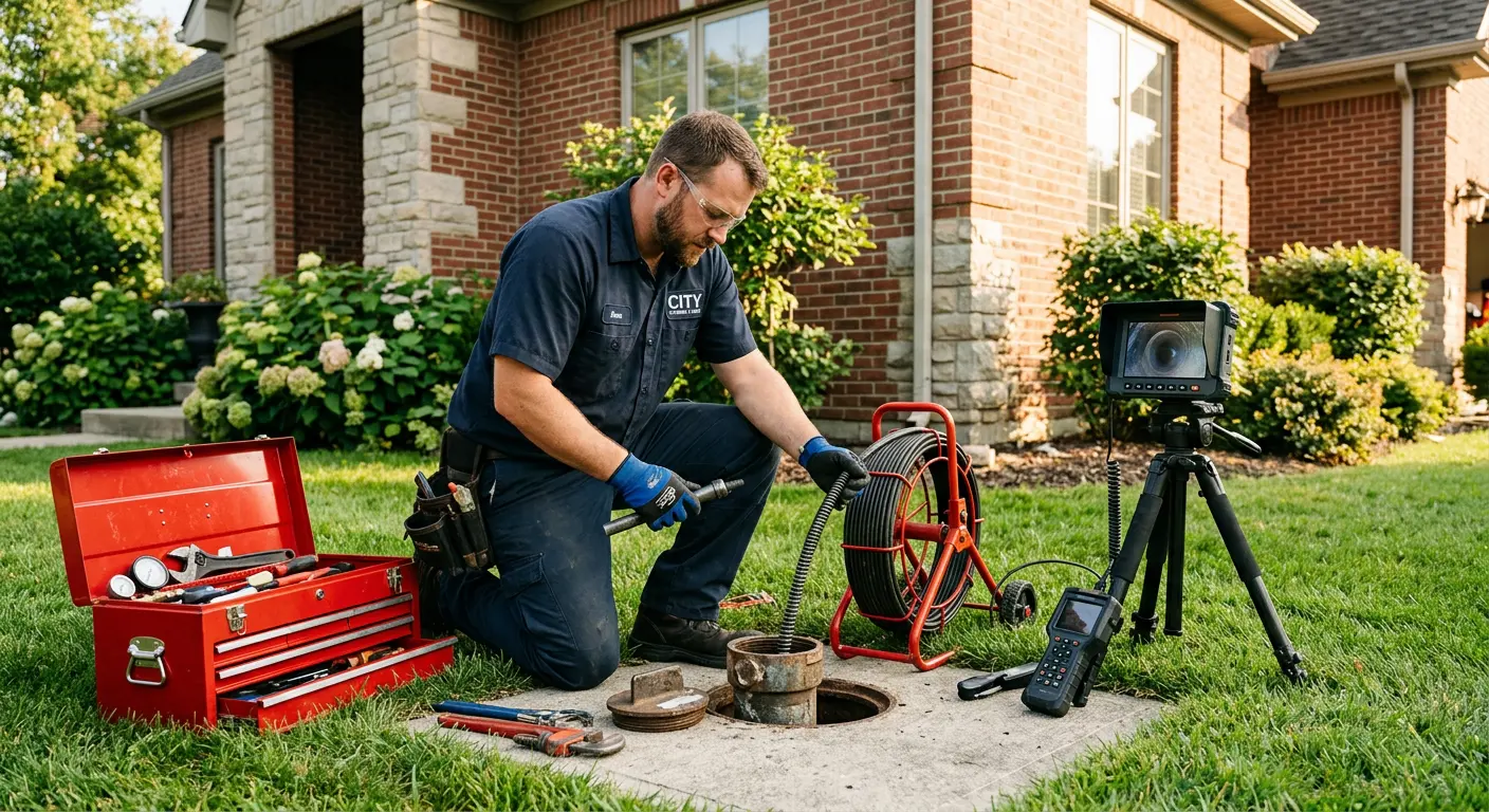 Sewer specialist with camera equipment servicing a cleanout in Bennington