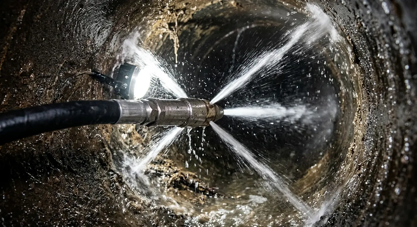 High-pressure hydro jetting nozzle cleaning sewer pipe for Trenchless Sewer Repair in Bennington