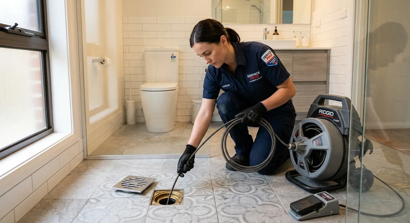 Technician clearing a bathroom floor drain for Sewer Line Installation in Bennington